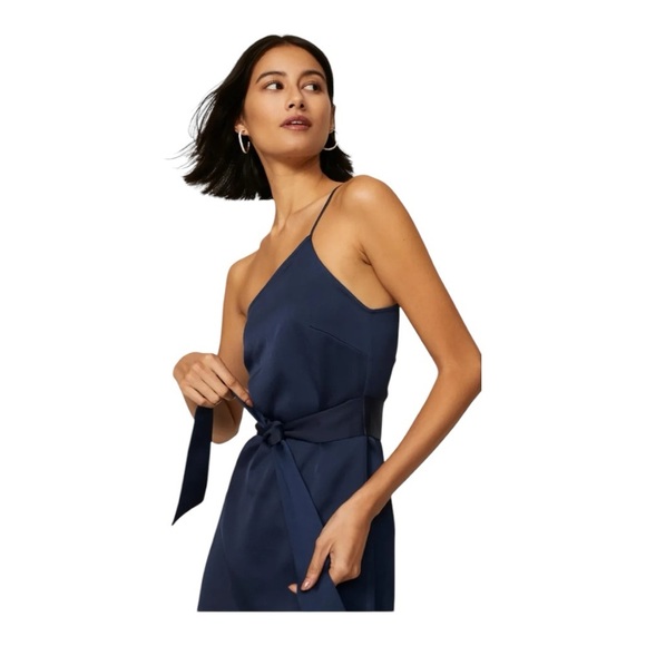 Marissa Webb One Shoulder Tie Mini Dress in Navy Blue Satin Size 4 - Picture 4 of 11